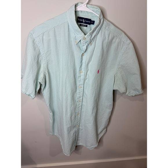 Ralph Lauren Seersucker Striped Short Sleeve Button Down Shirt Large - Picture 1 of 3